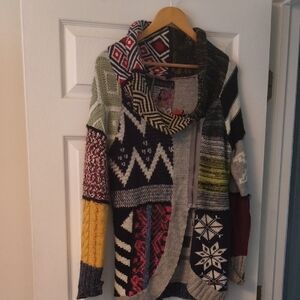 Patchwork Knit Sweater with Cowl Neck